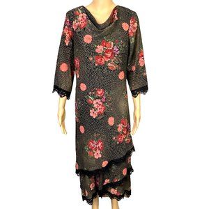Vintage Mary‎ McFadden Womens 12 Floral Black 3/4 Sleeve Dress